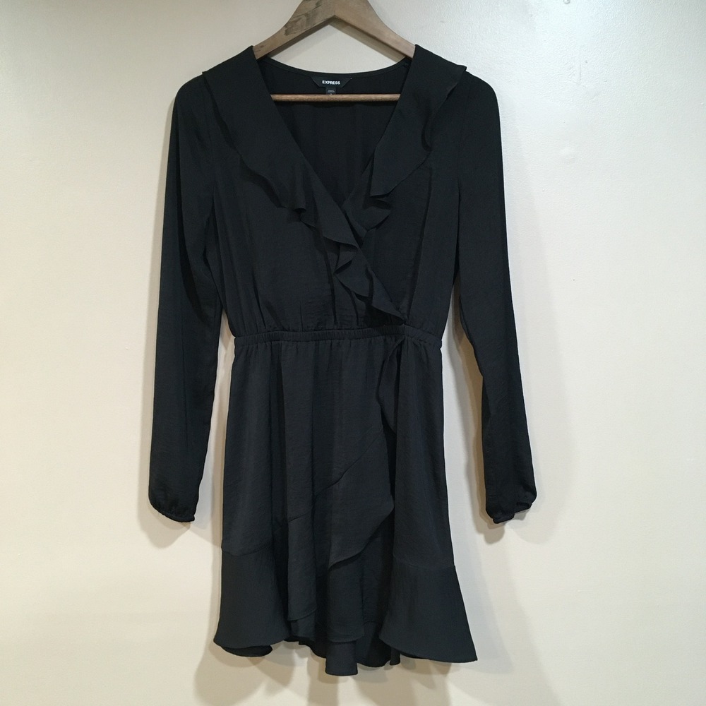 Express Faux Wrap Ruffle Mini Dress Womens S Black Cocktail Whimsigoth Romantic
